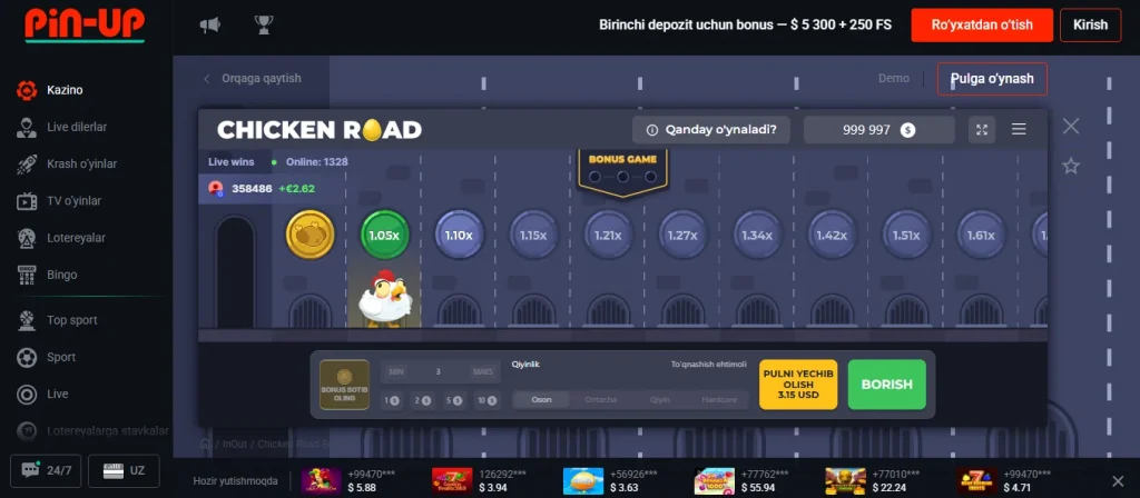 Pin Up demosida Chicken Road o'yini