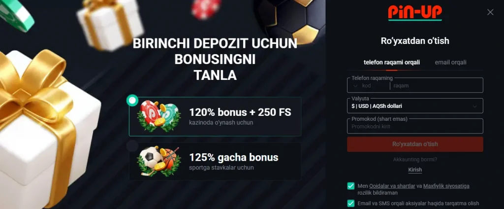 Pin Up O'zbekistonda ro'yxatdan o'tish — bosqichma-bosqich qo'llanma