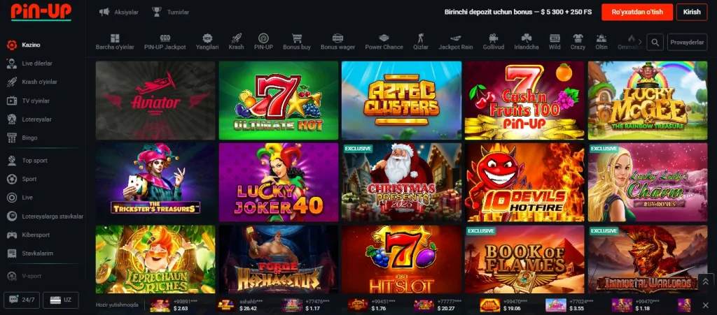 Pin Up kazino o'yinlari — slotlar, jonli dilerlar va crash o'yinlar